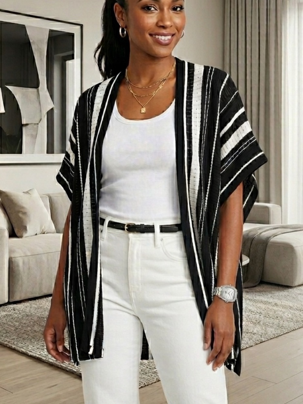 Chico’s Textured Stripe Black White Open Lightweight Kimono Cardigan L/XL